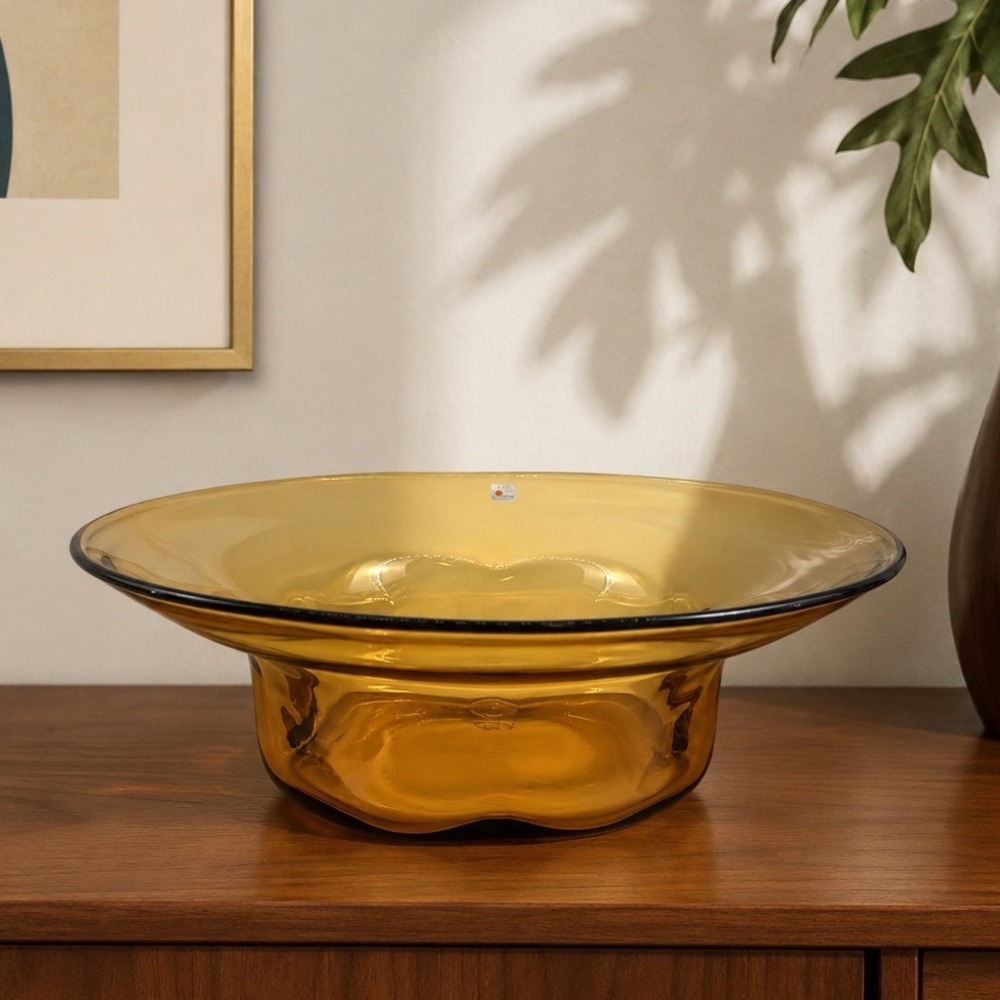 Blenko 8512 Amber Hand Blown Art Glass Pedestal Centerpiece Bowl